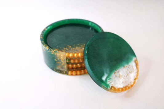 Green Resin Coasters With Holder | Drink Coasters | Sustainable Gift