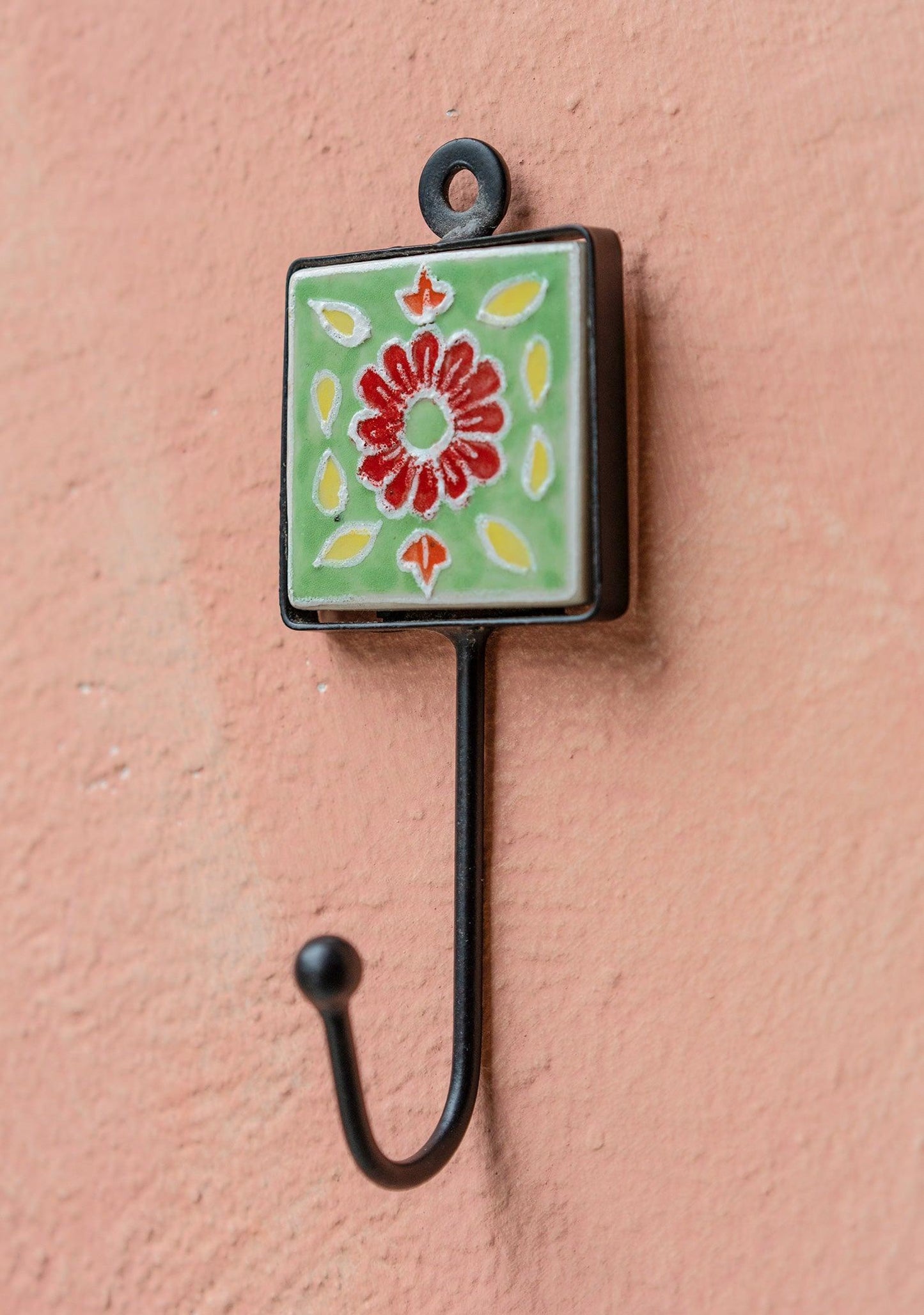 Hand Painted Ceramic Tile Wall Hook - Decorative Boho Style