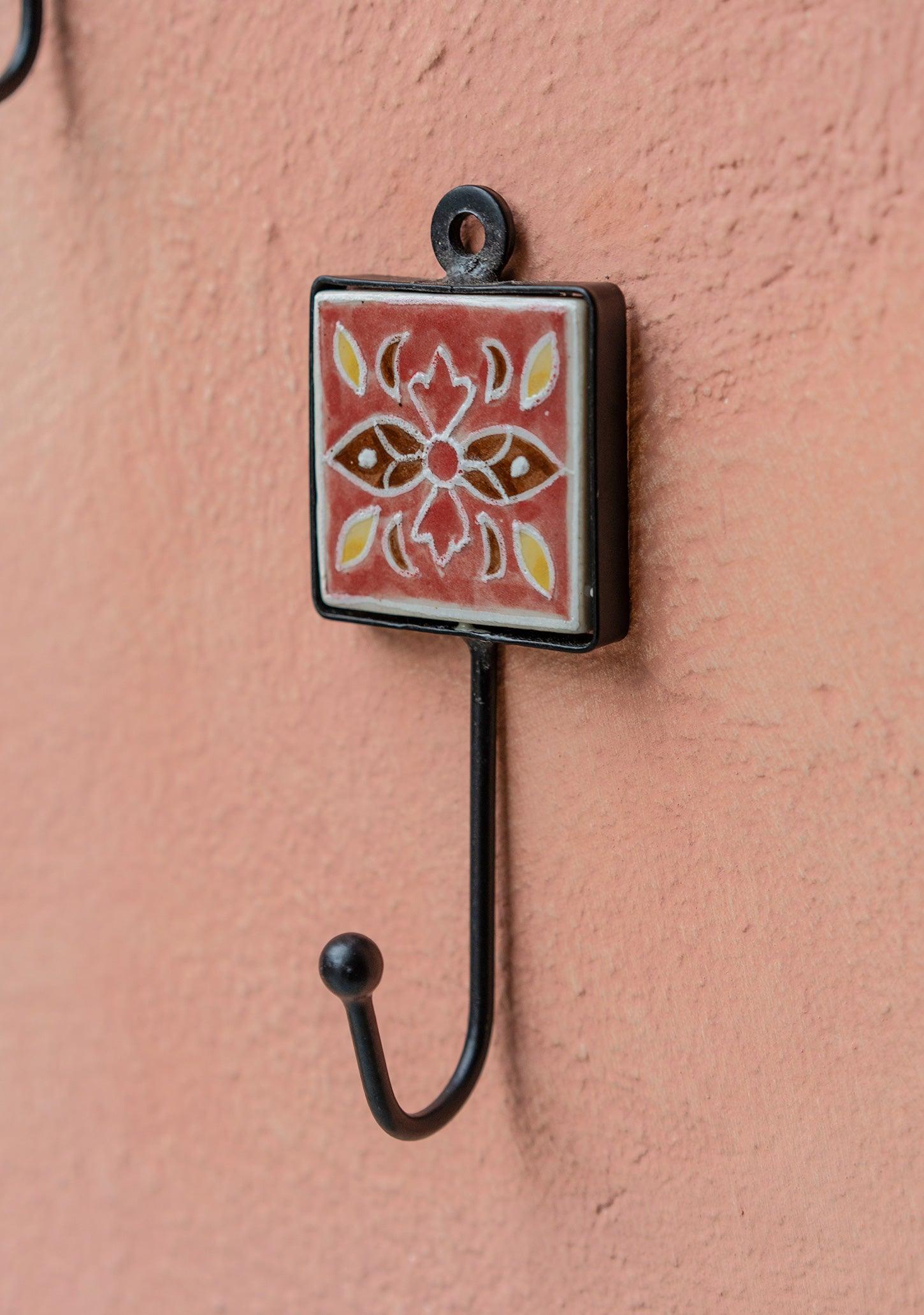 Hand Painted Ceramic Tile Wall Hook - Decorative Boho Style