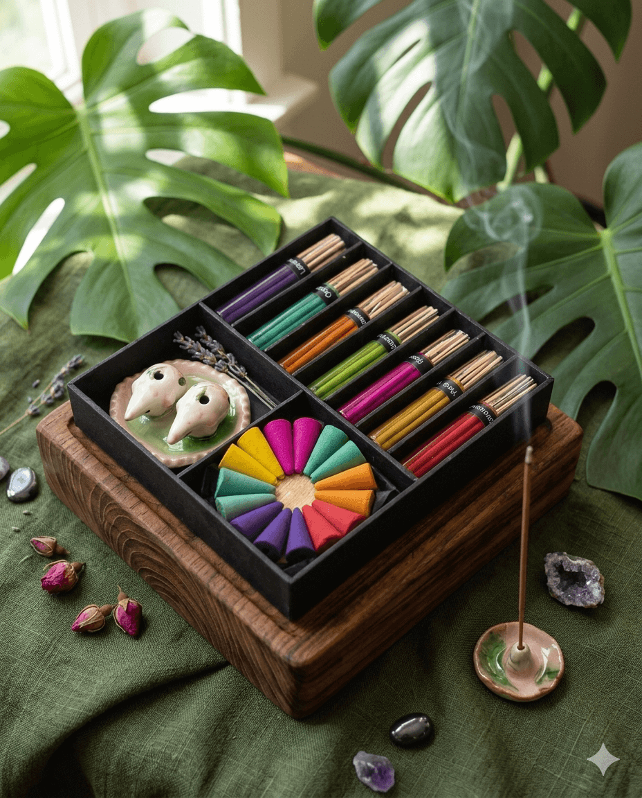 Incense set with colorful sticks by ethimaart and a decorative item on a green surface with plants in the background