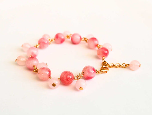 Pink Quartz Gemstone Bracelet - Gold Plated Chain