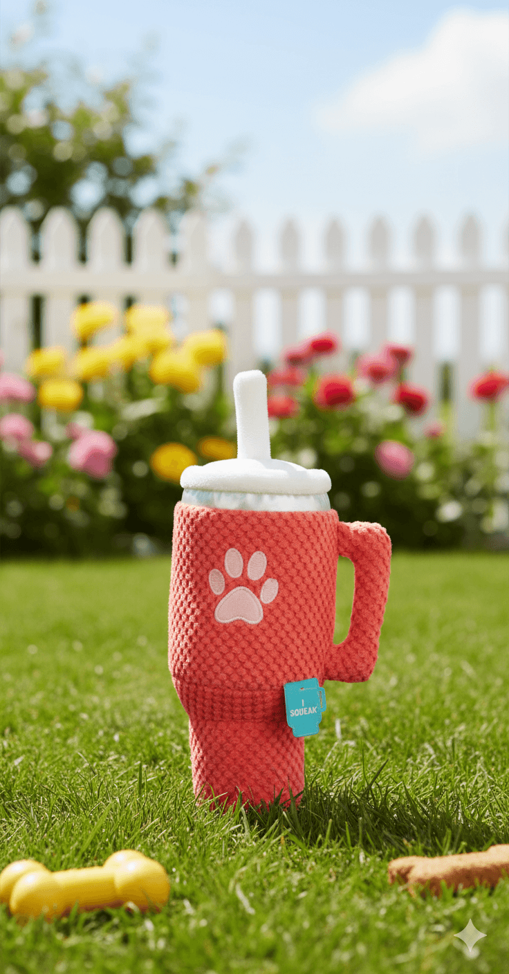 Red knitted tumblr mug with a paw print design on grass with flowers in the background
