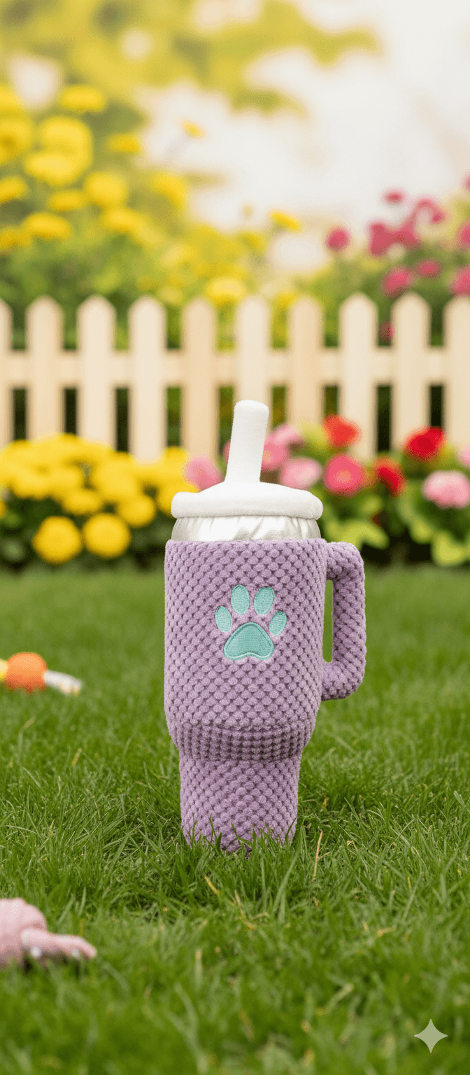 Purple tumblr mug with a paw print design on grass with flowers in the background