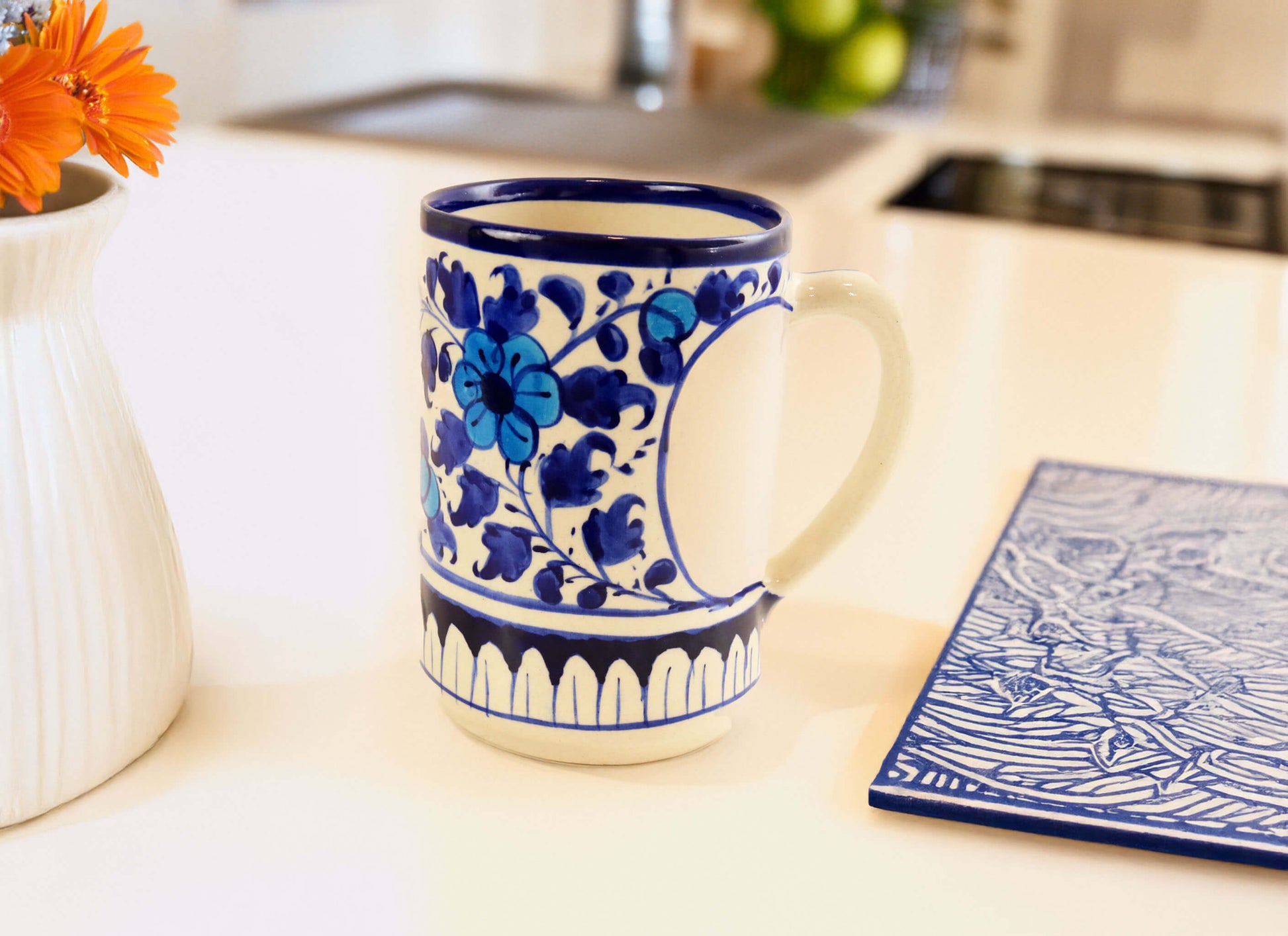 Large Heart Ceramic Mug - Handmade Blue White Pottery