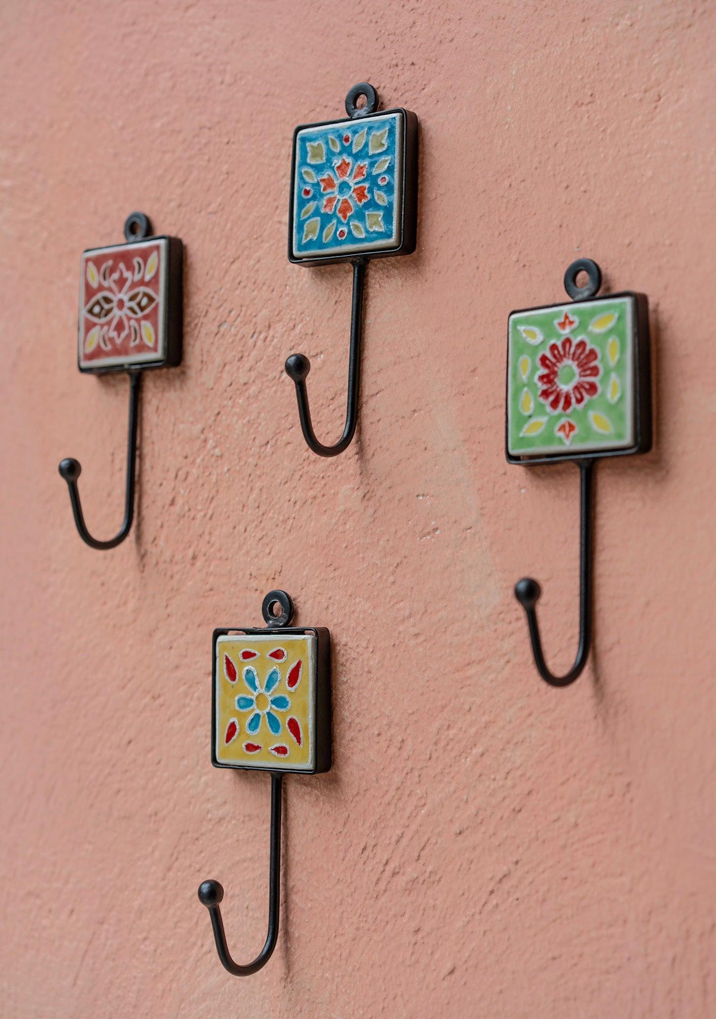 Hand Painted Ceramic Tile Wall Hook - Decorative Boho Style