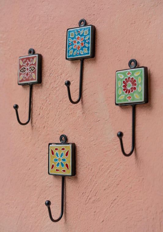 Hand Painted Ceramic Tile Wall Hook - Decorative Boho Style