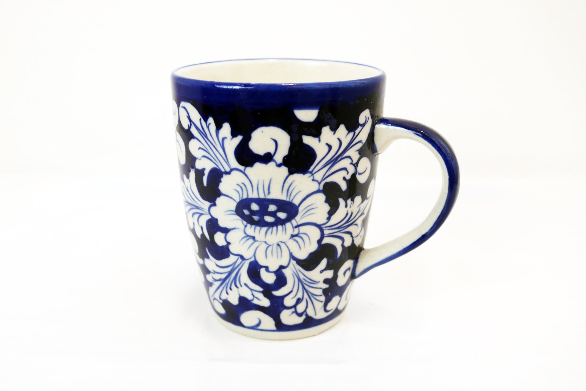 Ceramic Floral Mug - Handmade Blue White Pottery