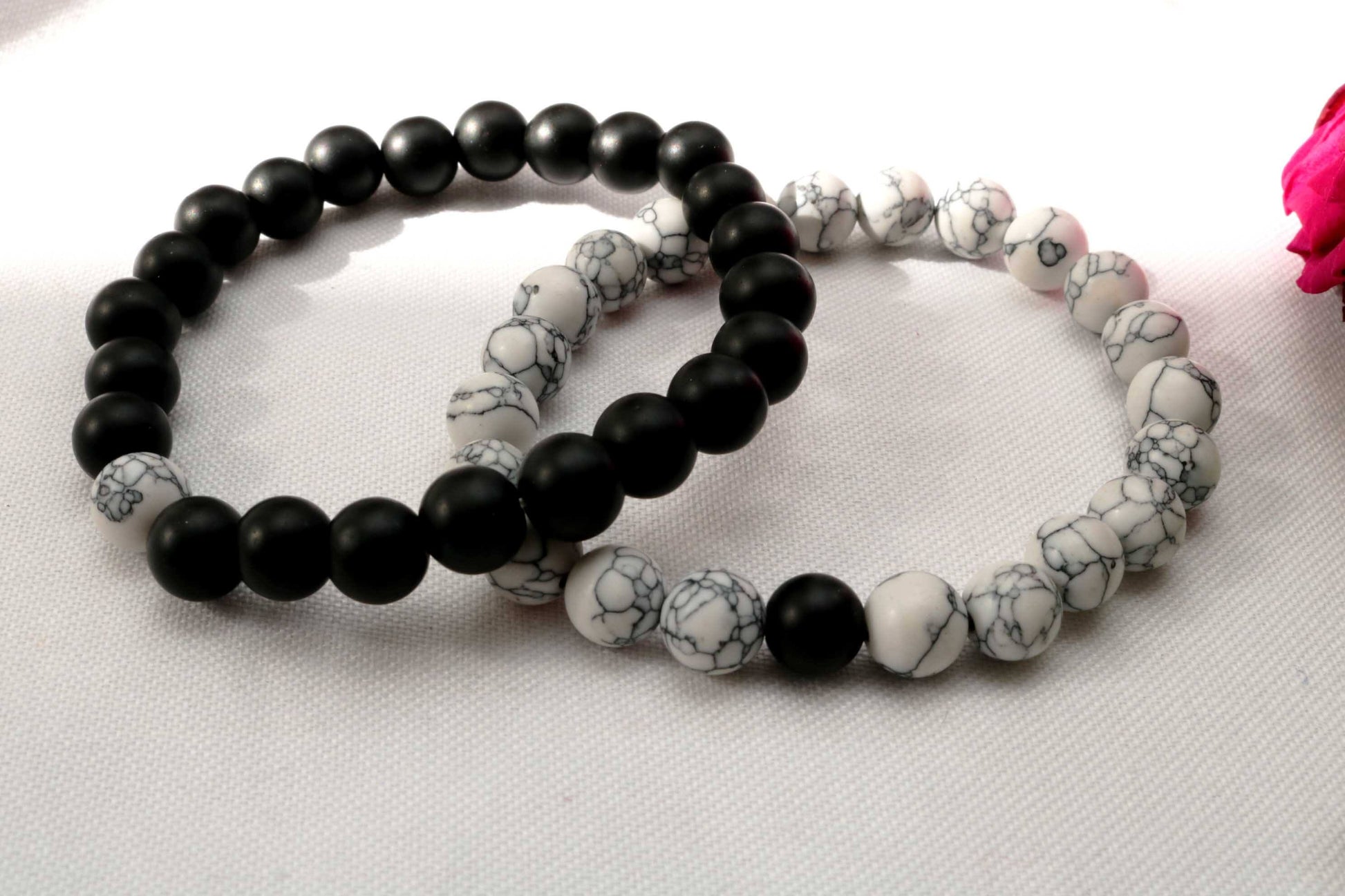 Beaded Bracelet : Find a unique gift with meaning! This black and white turquoise couple bracelet set features genuine gemstones, symbolizing balance and connection. Perfect for anniversaries or any special occasion.