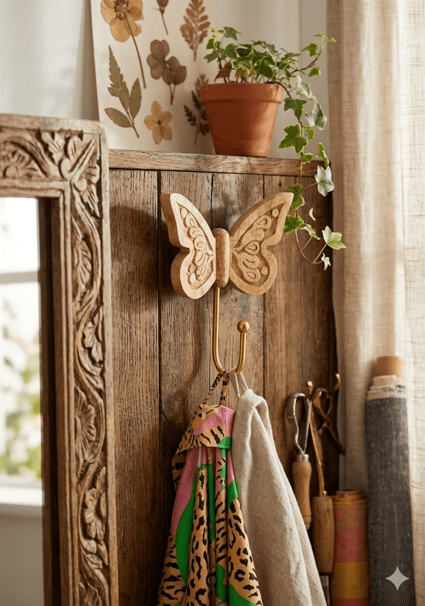 Wooden wall hook shaped like a butterfly on a rustic wooden surface with a plant and decorative items.