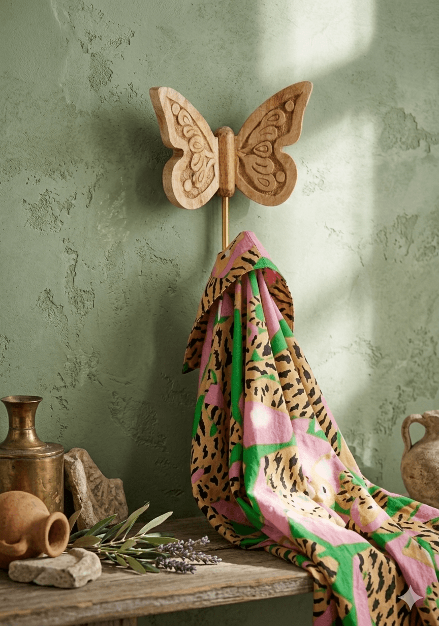 Wooden butterfly hook with a colorful towel against a textured green wall.