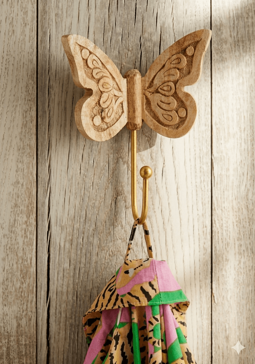 Wooden butterfly-shaped hook with a colorful bag hanging from it on a wooden wall.