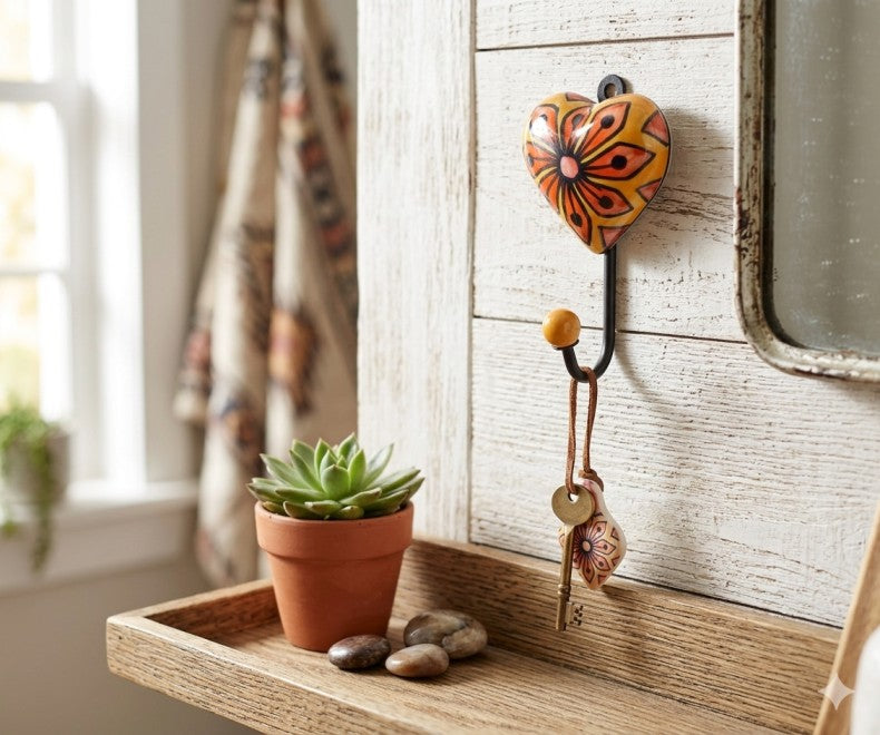 yellow key holder on a wooden surface