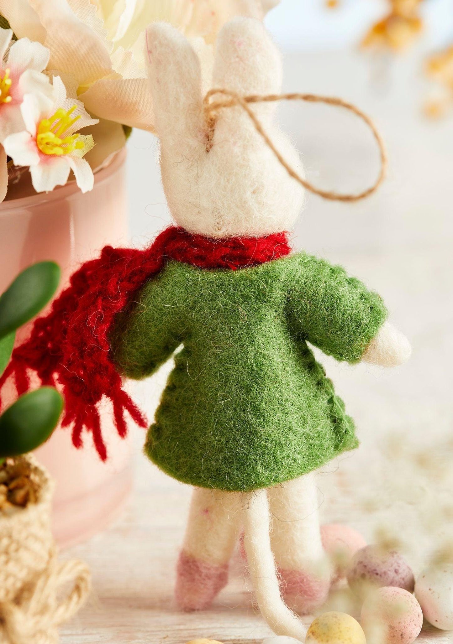 Felt Bunny In Green Dress And Red Scarf - Christmas Tree Decoration