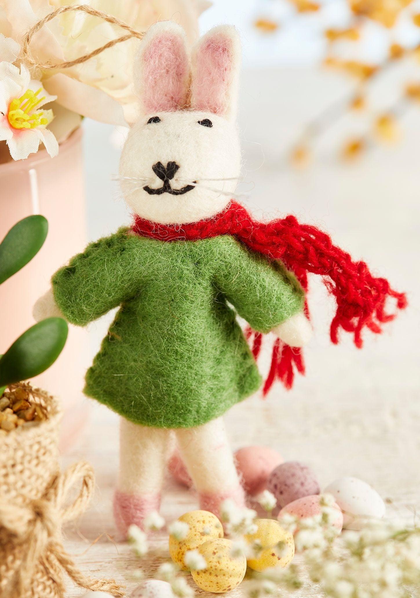 Felt Bunny In Green Dress And Red Scarf - Christmas Tree Decoration