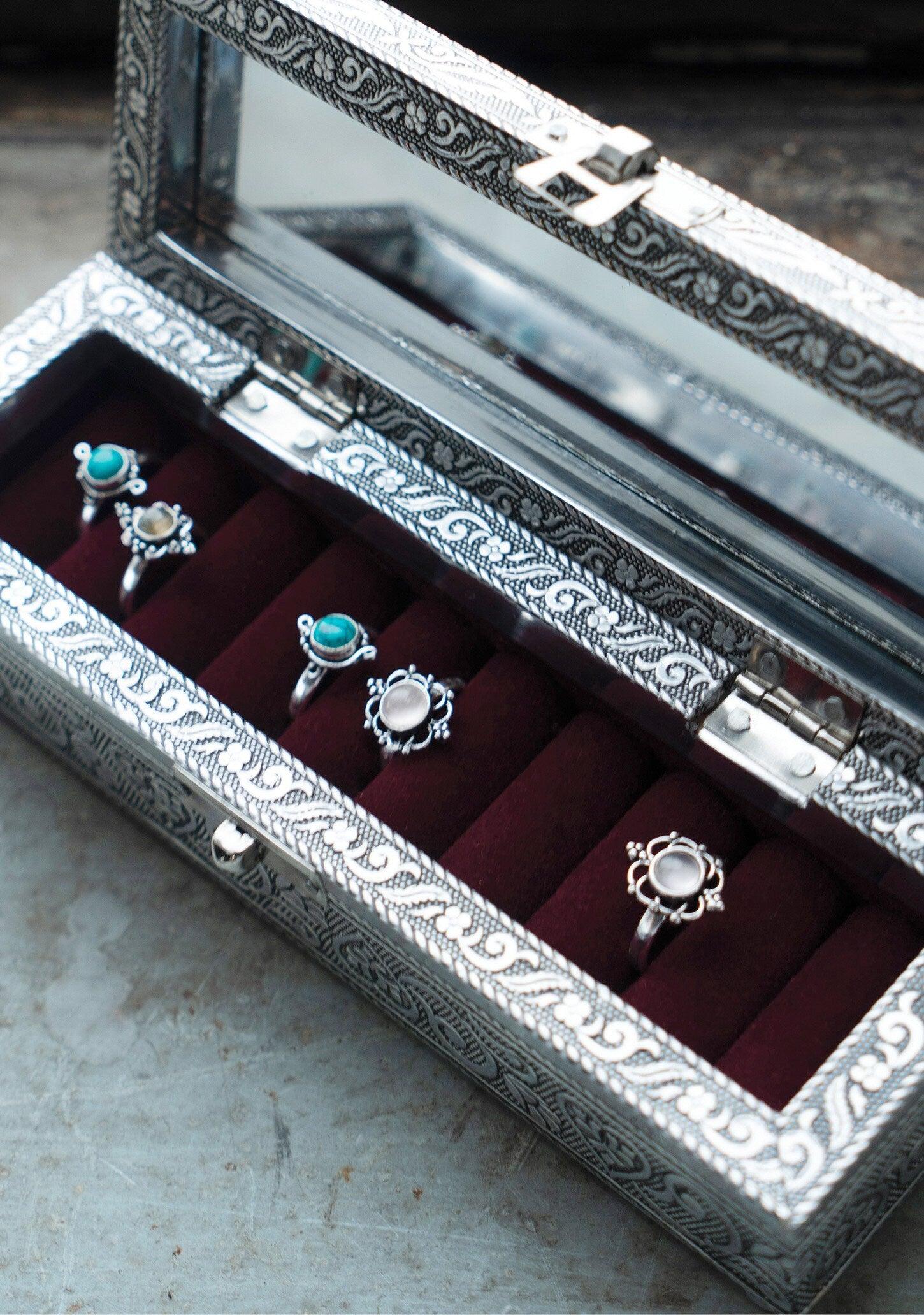 Silver Flower Ring Box With Mirror - Ethimaart 